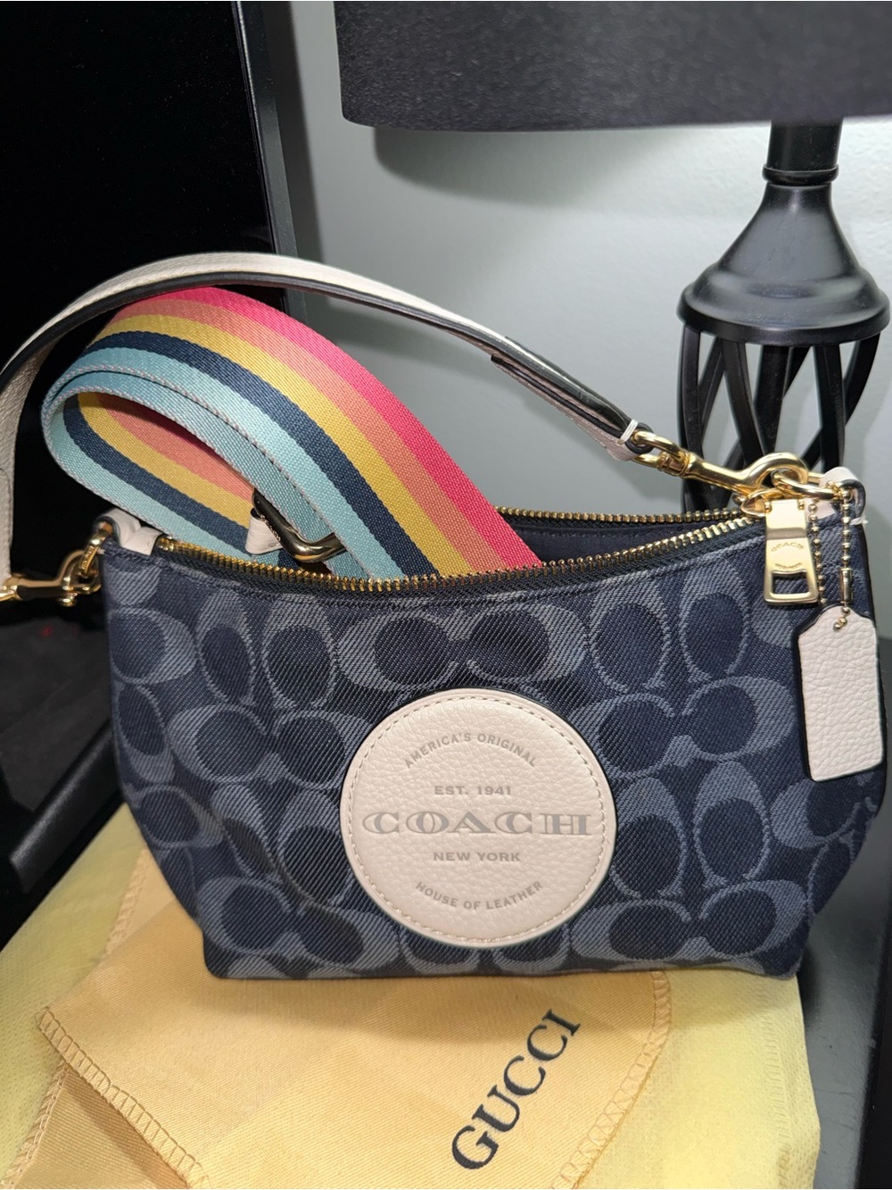 Coach Navy Signature Crossbody with Multicolor Rainbow Strap